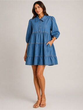 Stellah Denim Blue Tiered Puff-Sleeve Mini Dress